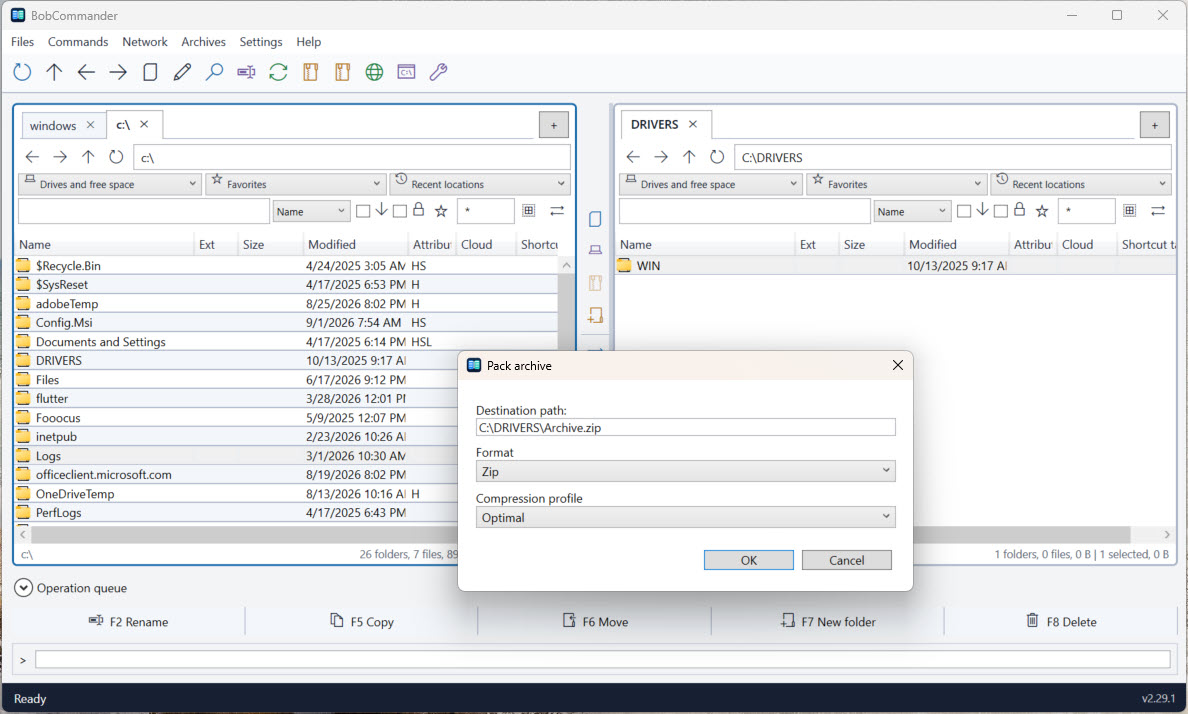 The BobCommander Pack archive dialog over the two-pane window, configured to create a ZIP archive.