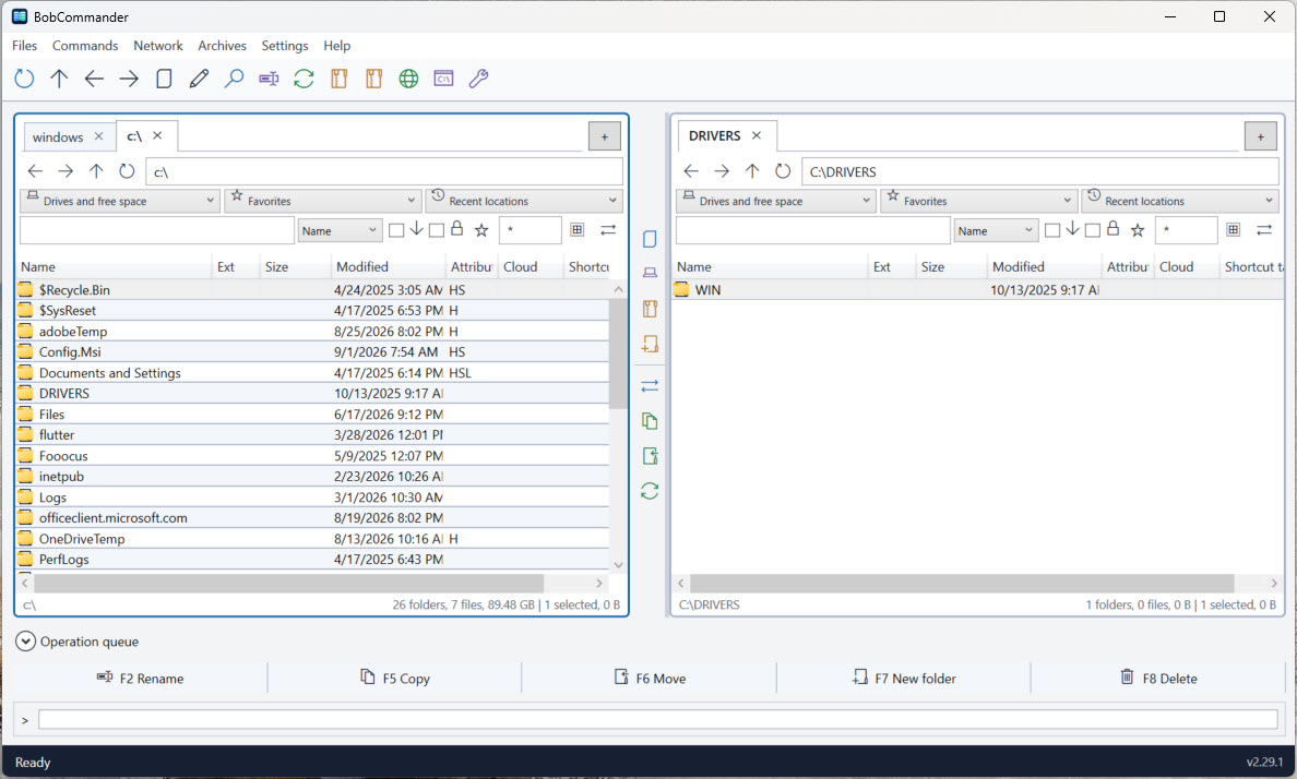 The BobCommander main window showing two file panes side by side, a compact toolbar, the operation queue, and the function key bar.